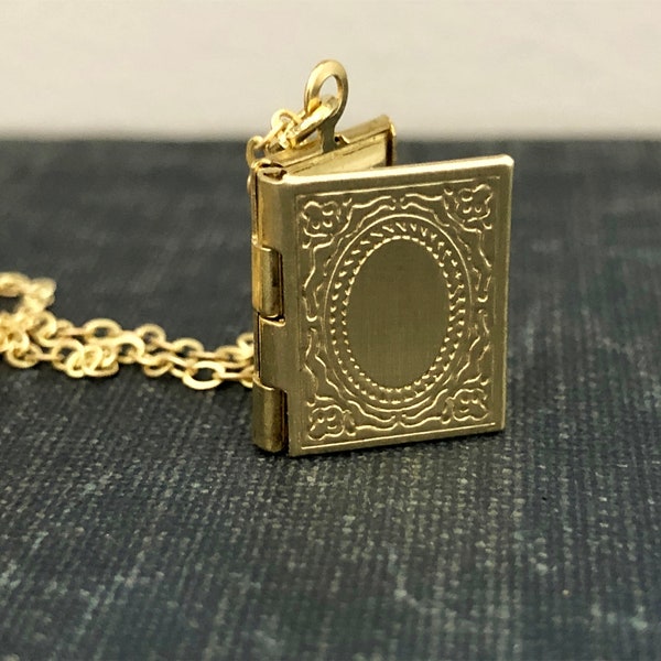 Very Small, Gold Book Locket with photos   Raw Brass Novel Locket   Book Lover Locket   Book and Glasses Locket Necklace