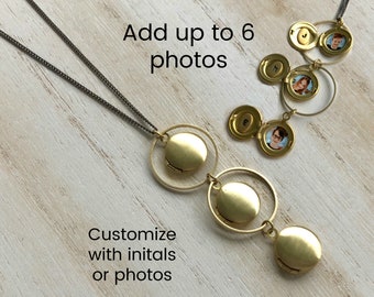 Gold Six photo Locket customizable options ;  Contemporary Locket  minimalist and modern family Photo Locket personalized with photos