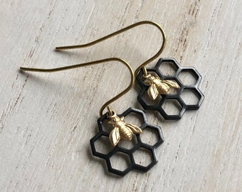 Small Bee Earrings, Bee and Honeycomb Earrings, Black and Gold Bee Earrings, Bumble Bee Earrings, Save the Bees Earrings, Bee Gifts