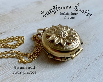 Gold customized 4 photo Sunflower Locket ;  You are my sunshine four picture locket necklace ;  Mother's Day Locket with Grandchildren
