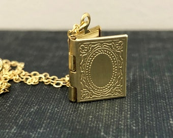 Very Small, Gold Book Locket with photos   Raw Brass Novel Locket   Book Lover Locket   Book and Glasses Locket Necklace