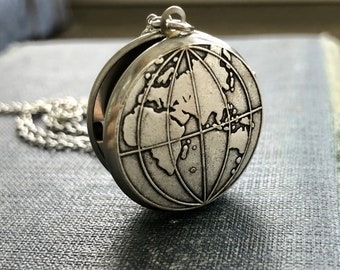 Antiqued Silver World Map Locket Necklace: Unisex Travel Jewelry Gift