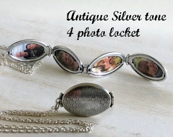 Antique Silver 4 photo locket necklace, Silver Family Tree Photo Locket, Customized Picture Locket, Photo Gift for Mom, Oval Locket