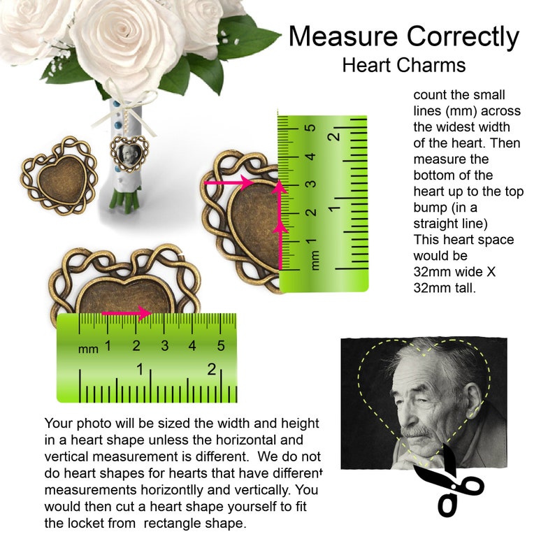 May include: Two antique gold heart-shaped charms with a ruler measuring 32 mm wide by 32 mm tall. The image includes instructions on how to measure the charms correctly for use in a locket.