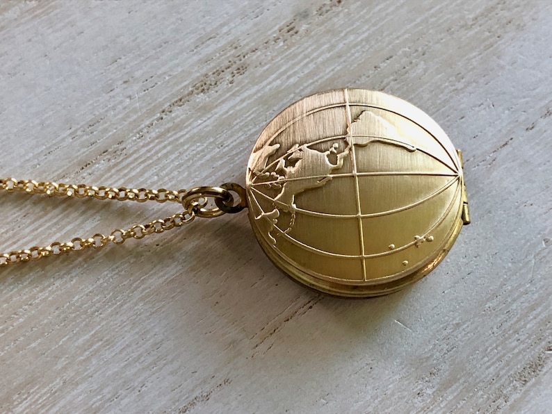 Gold World Map Locket with Photos     Solid Brass Earth Photo locket     Grad Gifts for Travel     Long Distance Relationship  Hemisphere