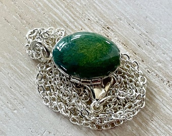 Tiny Green Moss Locket Necklace: Silver Oval Photo Locket