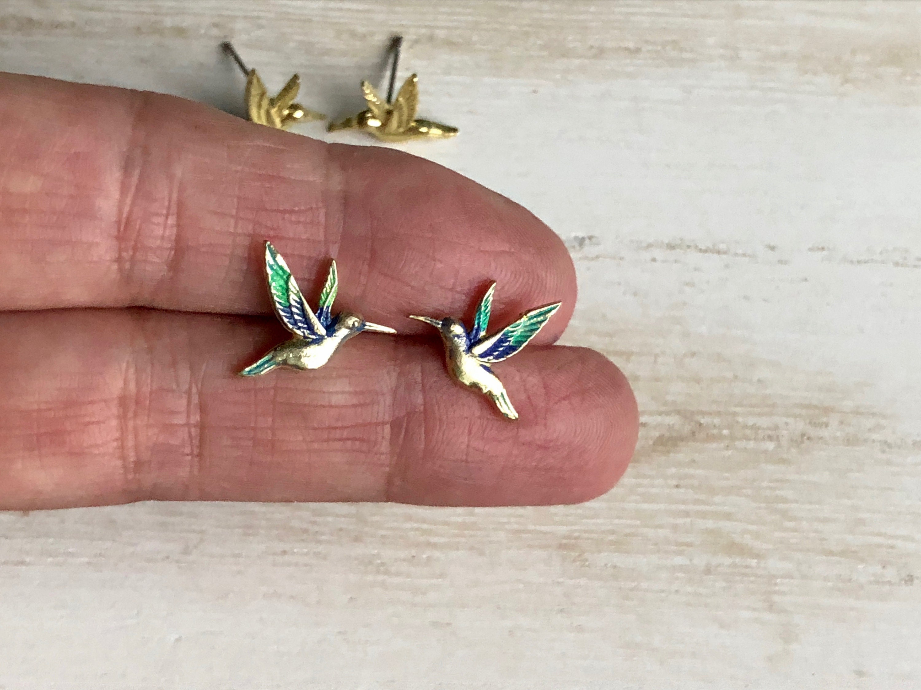 Hummingbird Stud Earrings, Hand Painted Hummingbird Earrings, Gold Hummingbird Earrings, Bird Stud Earrings, Surgical Steel Posts