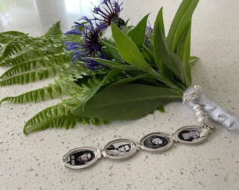 Silver four photo wedding bouquet locket with pearls