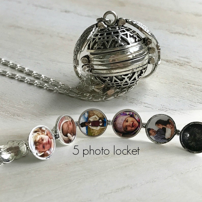 Memorial Locket Silver Ball Locket Sentimental Gifts Silver locket Necklace Angel Wing Locket 5 photo locket Mother/'s Day Family Tree