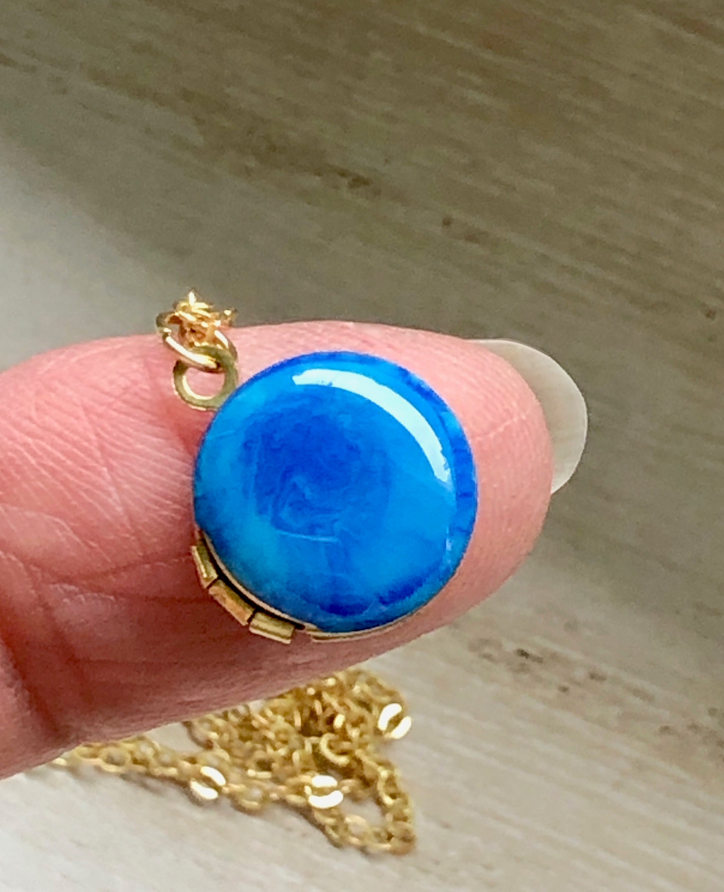 Tiny Ocean Blue Photo Locket, Petite Earth Locket, Cerulean Locket Necklace, Something Blue Wedding Locket, Bridal Necklace with Photos