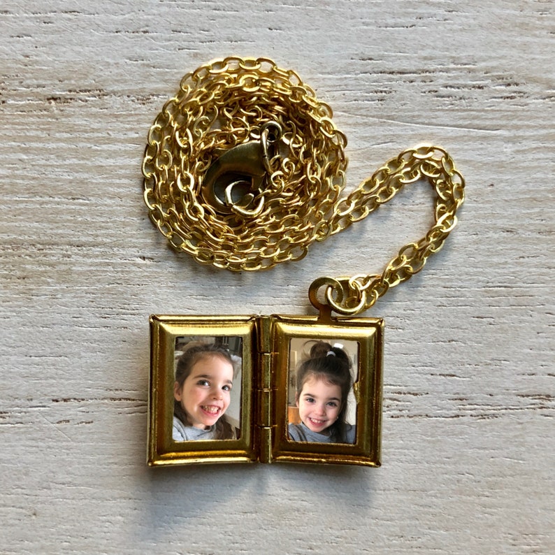 Very Small, Gold Book Locket with photos Raw Brass Novel Locket Book Lover Locket Book and Glasses Locket Necklace image 2