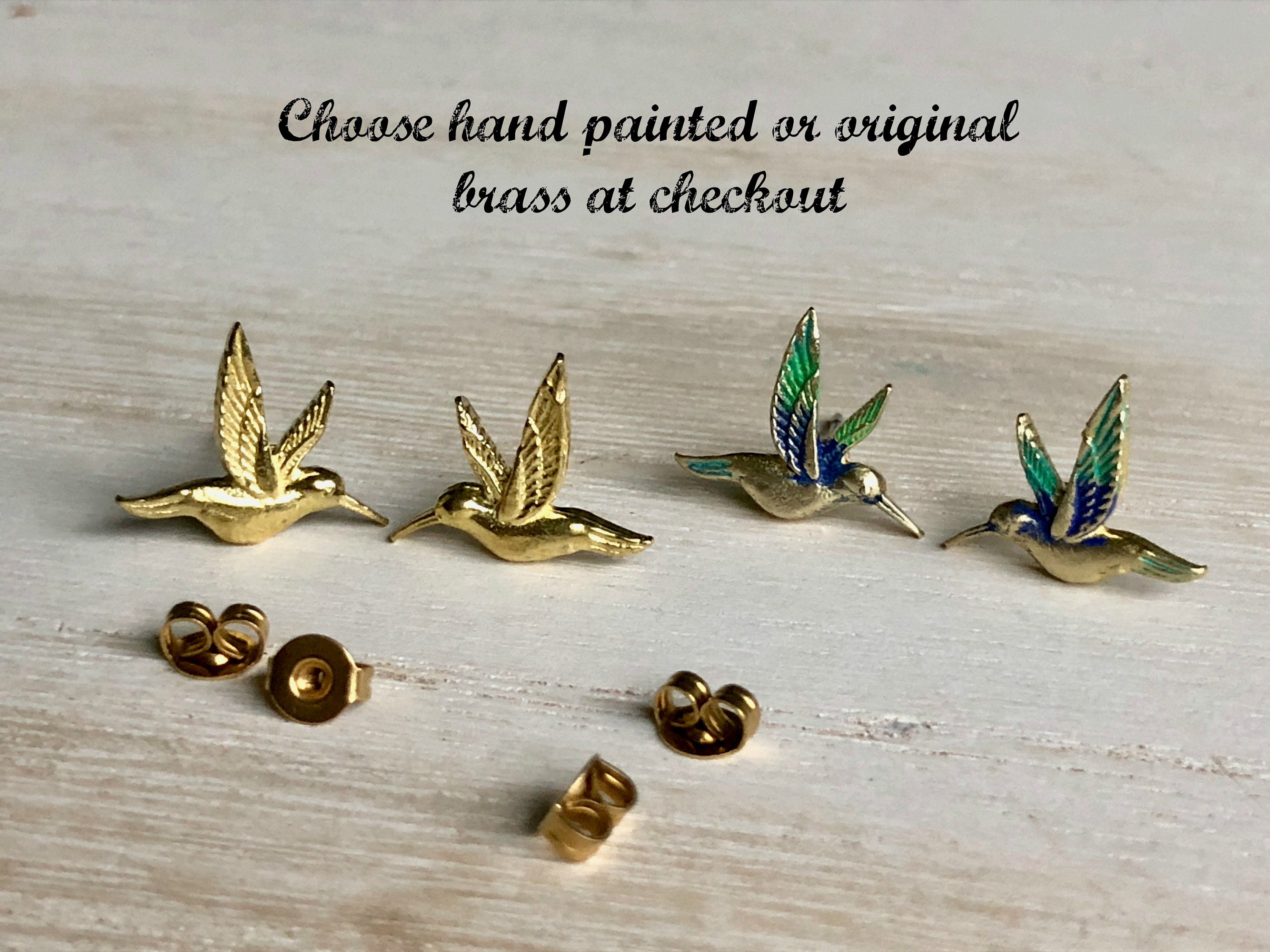 Hummingbird Stud Earrings, Hand Painted Hummingbird Earrings, Gold Hummingbird Earrings, Bird Stud Earrings, Surgical Steel Posts