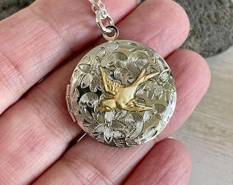 Silver and gold Bird Locket with photos