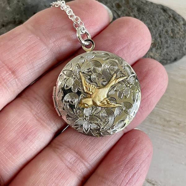 Silver and gold Bird Locket with photos