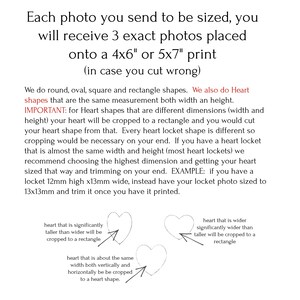 May include: Diagram showing how heart-shaped lockets are cropped to fit rectangular prints. The text explains that heart shapes with different width and height dimensions will be cropped to a rectangle. It also recommends sizing the locket to the largest dimension and trimming the excess after printing.