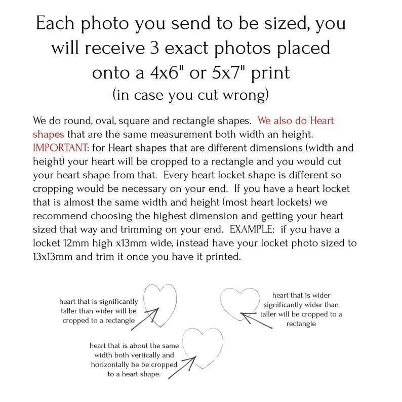 May include: Diagram showing how heart-shaped lockets are cropped to fit rectangular prints. The text explains that heart shapes with different width and height dimensions will be cropped to a rectangle. It also recommends sizing the locket to the largest dimension and trimming the excess after printing.
