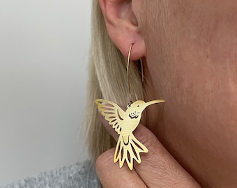 Gold Plated Stainless Steel Kidney Earwires ~ Teardrop Shaped Summer Earrings Hummingbird Earrings ~ Purple Enameled Hummingbirds