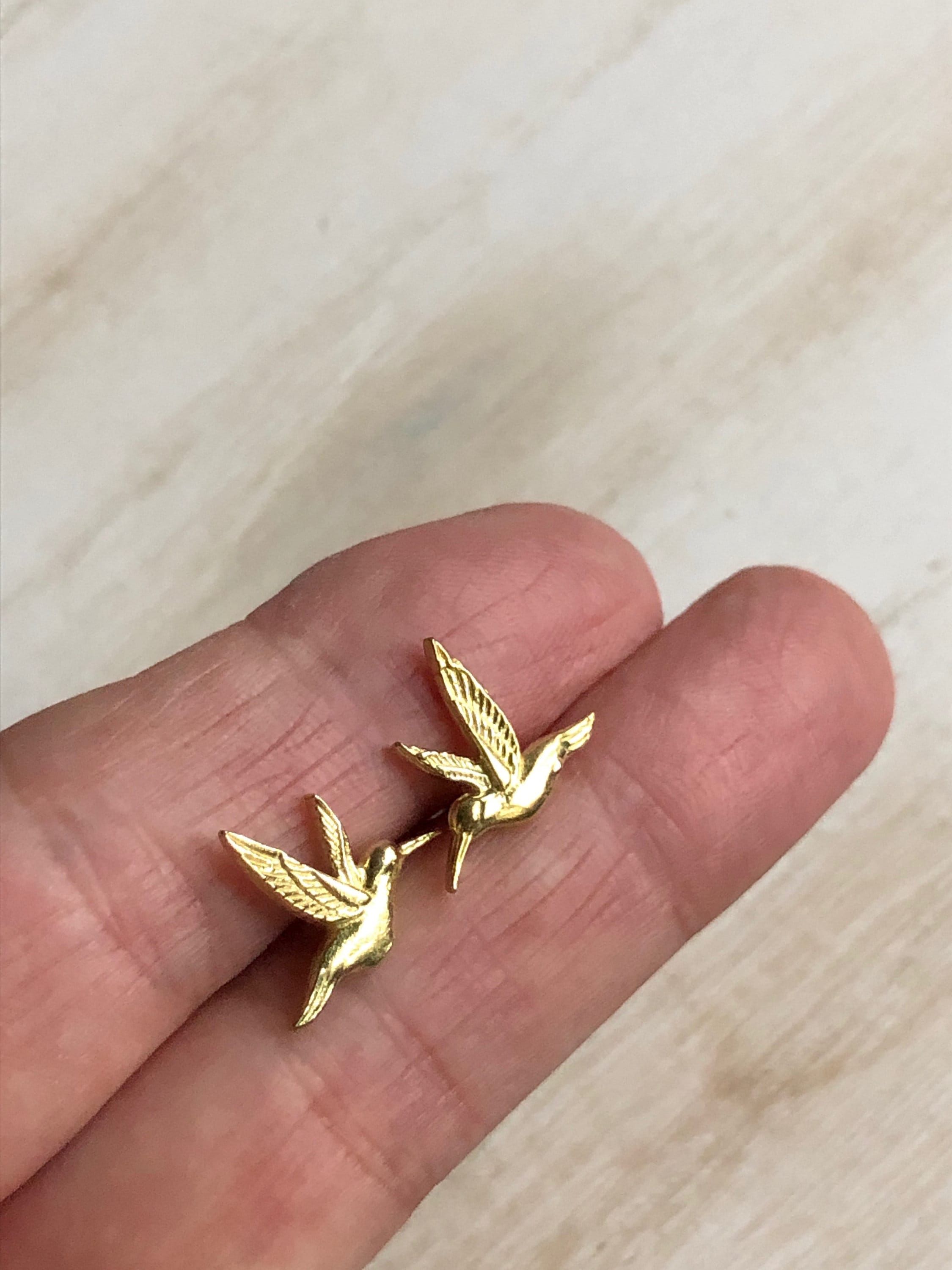 Hummingbird Stud Earrings, Hand Painted Hummingbird Earrings, Gold Hummingbird Earrings, Bird Stud Earrings, Surgical Steel Posts