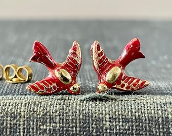 Red Cardinal Bird Stud Earrings