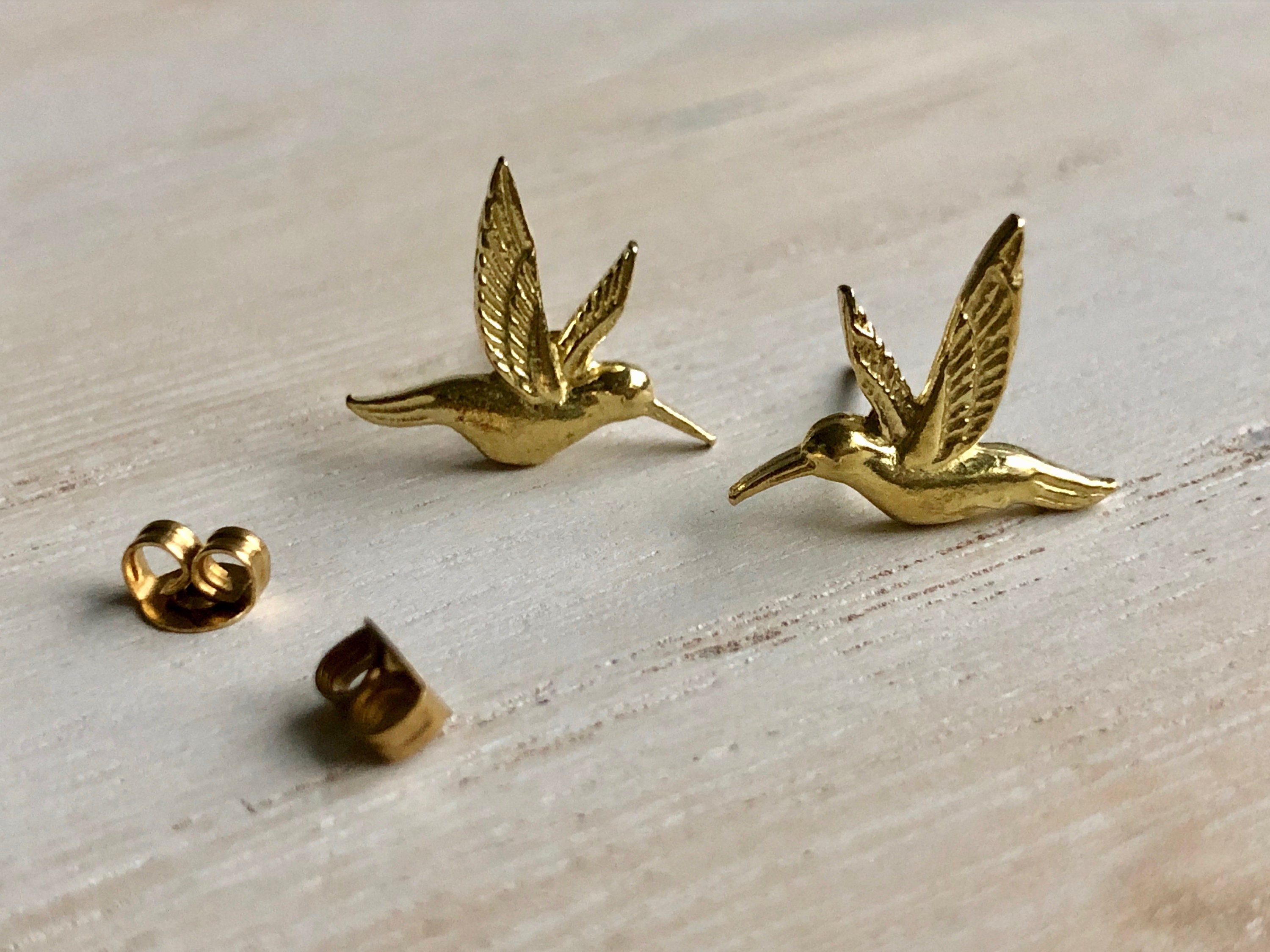 Hummingbird Stud Earrings, Hand Painted Hummingbird Earrings, Gold Hummingbird Earrings, Bird Stud Earrings, Surgical Steel Posts