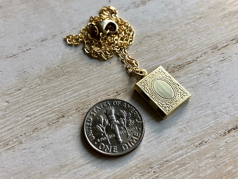 Very Small, Gold Book Locket with photos Raw Brass Novel Locket Book Lover Locket Book and Glasses Locket Necklace image 9