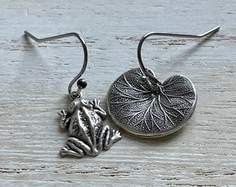 Antique Silver Frog and Lily pad earrings,  Mismatched earring set for women or girls,  Unusual gifts for her