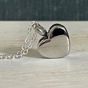 May include: A silver heart-shaped pendant necklace with a delicate chain.