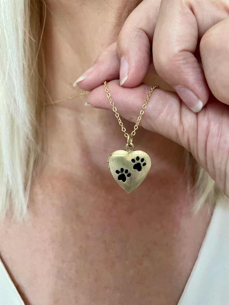 Matt Gold Pet heart locket with paw prints, photo options available image 1