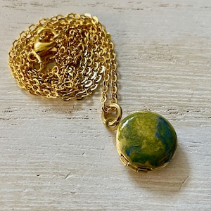 Green and blue tiny locket necklace with photos , petite green photo locket hand painted