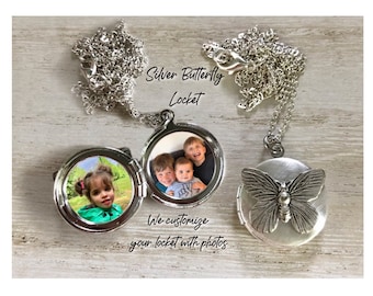 Medallón de mariposa plateada con foto, collar de recuerdo personalizado