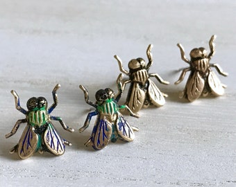 Antique Gold Fly Earrings, Custom Hand painted great for Halloween or Goth Jewelry