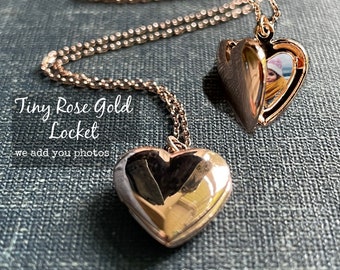 Tiny Rose Gold Heart Locket with Photos, Personalized heart Locket Necklace, Customized Picture Locket for Mom, Little Girl Locket, Special