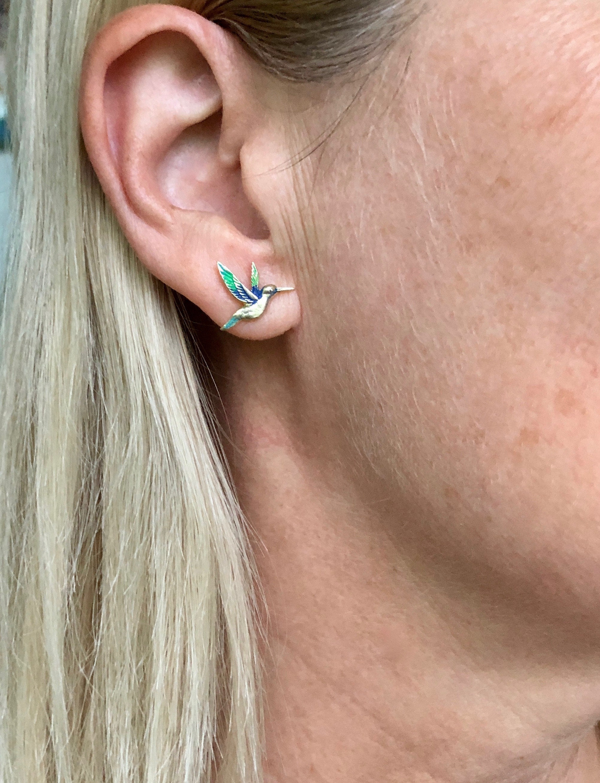Hummingbird Stud Earrings, Hand Painted Hummingbird Earrings, Gold Hummingbird Earrings, Bird Stud Earrings, Surgical Steel Posts