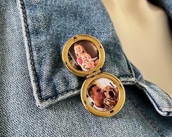 Simple Unisex Gold colored locket brooch pin personalized with photos