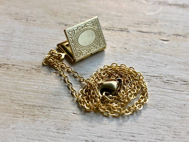 Very Small, Gold Book Locket with photos Raw Brass Novel Locket Book Lover Locket Book and Glasses Locket Necklace image 5