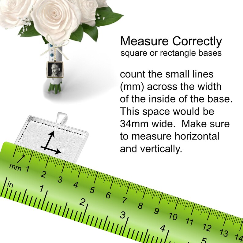 May include: A green ruler with black markings in inches and millimeters. The ruler is placed next to a silver picture frame with a white background. The image shows how to measure the inside of a picture frame for a custom photo insert.