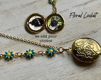 Golden Floral Daisy Locket with Photo Customizing  Gift for a Little Girl  Mother's Day Gifts  Turquoise Flower Locket