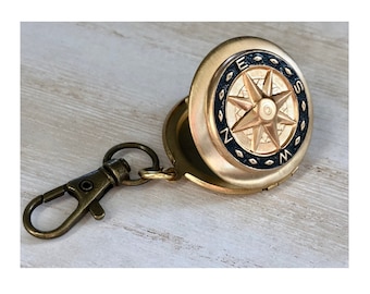 Brass Compass Locket Keychain, Hand Painted Charm