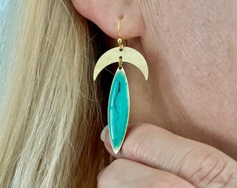 Turquoise and Gold Dangly earrings with crescent and marquise shape