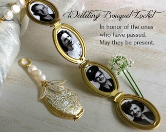 Four Photo Wedding Bouquet Locket, Bridal locket with Photos of Loved ones