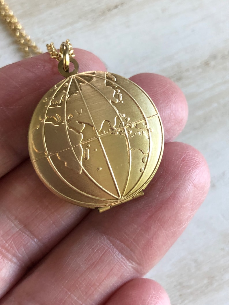 Gold World Map Locket with Photos Solid Brass Earth Photo locket Grad Gifts for Travel Long Distance Relationship Hemisphere