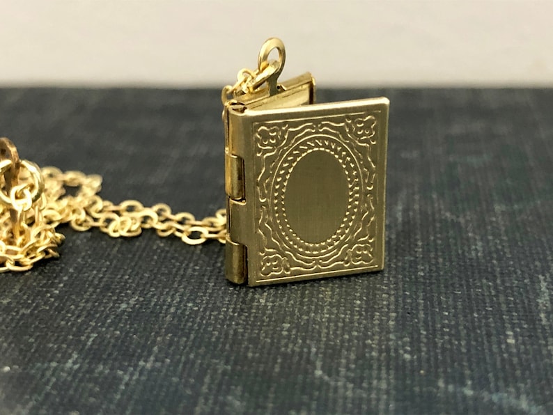 Very Small, Gold Book Locket with photos Raw Brass Novel Locket Book Lover Locket Book and Glasses Locket Necklace image 1