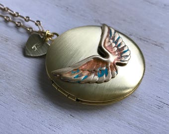 Gold angel wing locket as a pet gift for him  /  Custom Locket personalized with photos  /  Loss of a sister or pastor's wife