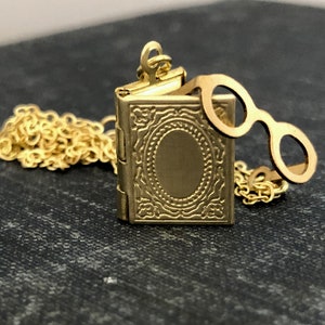 Very Small, Gold Book Locket with photos Raw Brass Novel Locket Book Lover Locket Book and Glasses Locket Necklace image 3