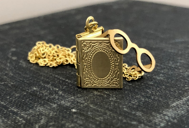 Very Small, Gold Book Locket with photos Raw Brass Novel Locket Book Lover Locket Book and Glasses Locket Necklace image 3