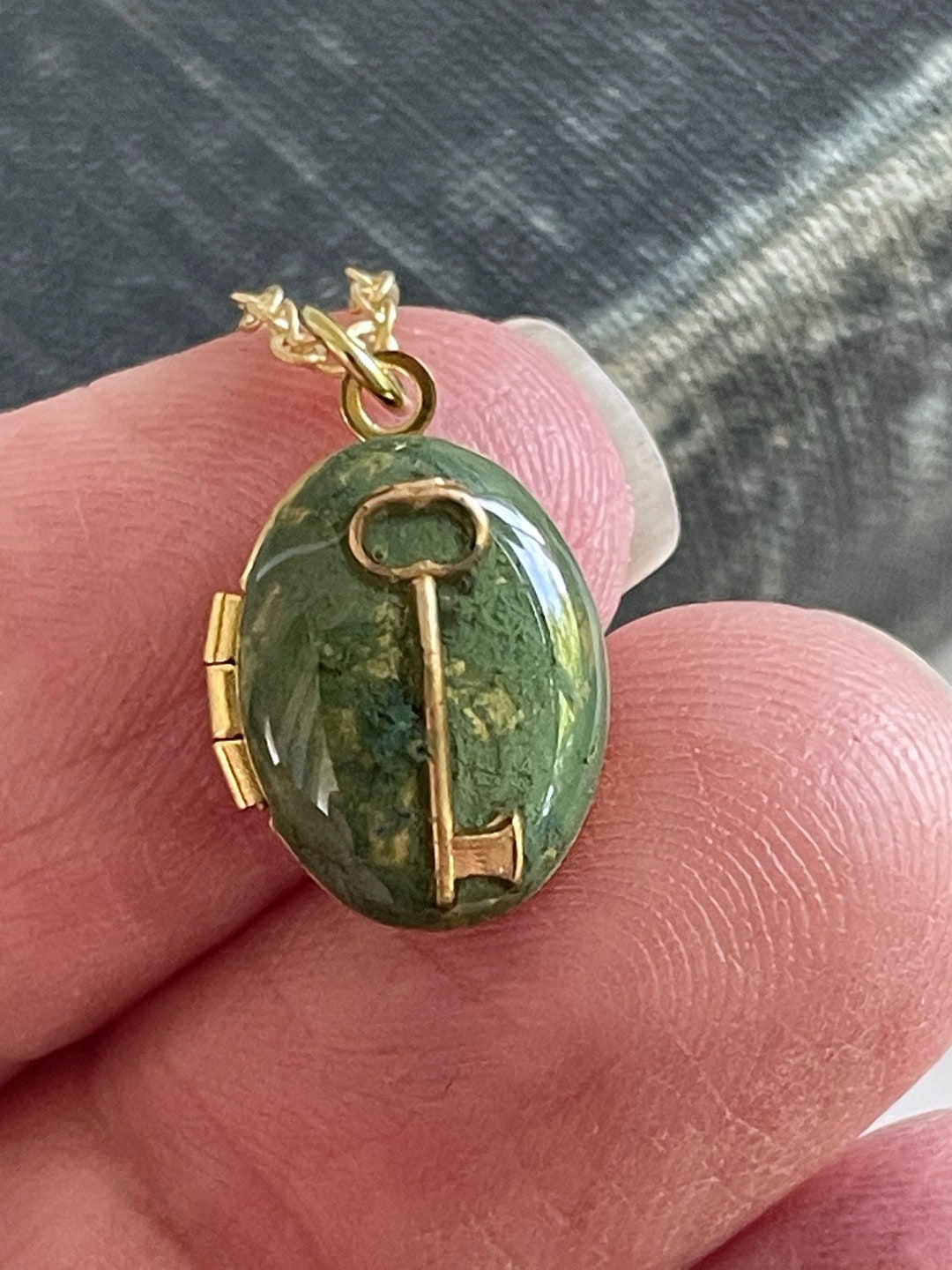 Green Locket With Key to My Heart Olive Green Moss Look Locket With