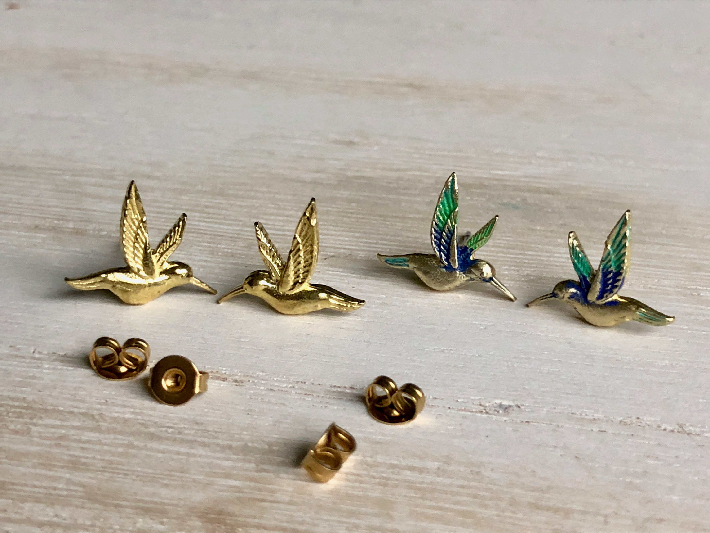 Hummingbird Stud Earrings, Hand Painted Hummingbird Earrings, Gold Hummingbird Earrings, Bird Stud Earrings, Surgical Steel Posts