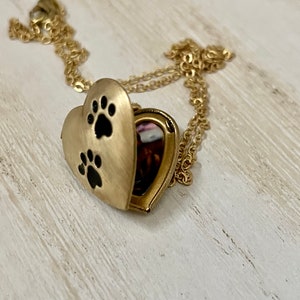 Matt Gold Pet heart locket with paw prints, photo options available image 6