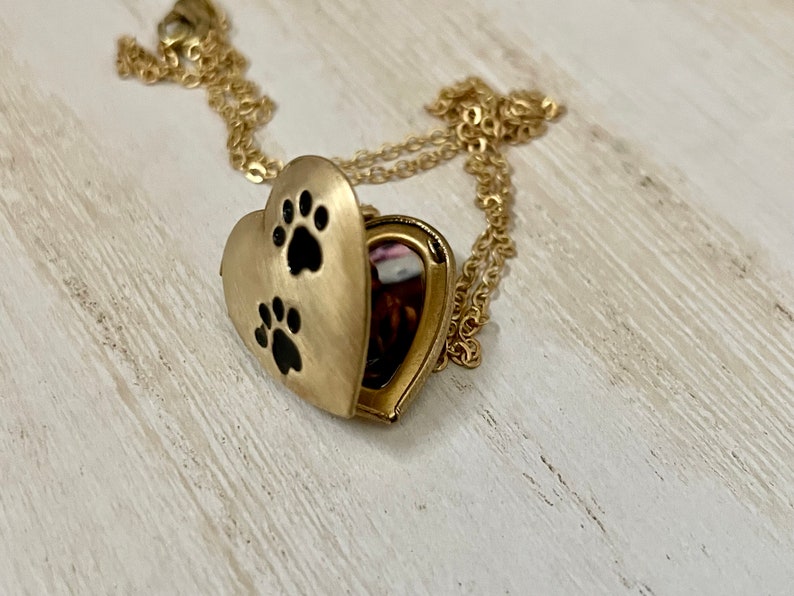 Matt Gold Pet heart locket with paw prints, photo options available image 6