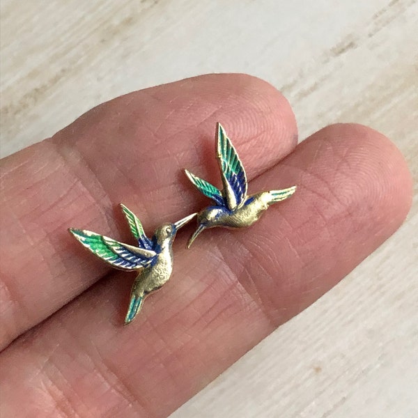 Hummingbird Stud Earrings, Hand Painted Hummingbird Earrings, Gold Hummingbird Earrings, Bird Stud Earrings, Surgical Steel Posts
